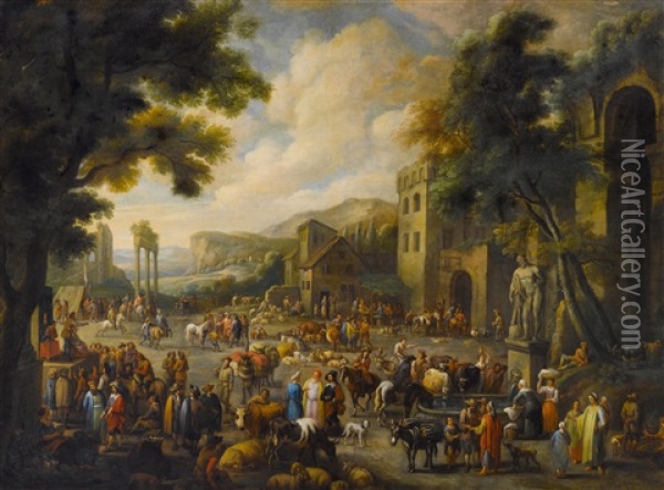 Cattle Market Before A Town Gate With Ancient Ruins Oil Painting - Peeter van Bredael
