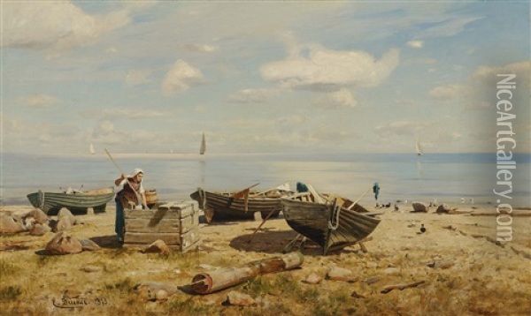 Fishermans Wife On The Beach Oil Painting - Eugen Gustav Duecker
