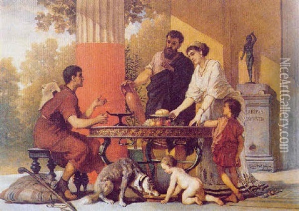 Ospitalita In Villa A Pompei Oil Painting - Cesare Felix Georges dell' Acqua