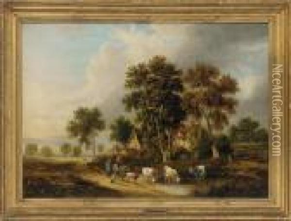 Cattle Watering By The Road Oil Painting - George Vincent
