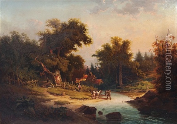 Landscape With Farmyard And Cows By A Creek Oil Painting - Coelestin Bruegner