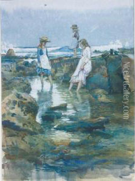 Girls Wading In The Rock Pools Oil Painting - Julian Rossi Ashton
