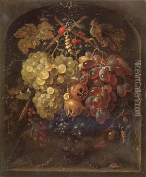Still Life Of Grapes, Pomegranates And Vine Leaves Hung Before A Niche, With A Snail And Other Insects Oil Painting - Abraham Mignon