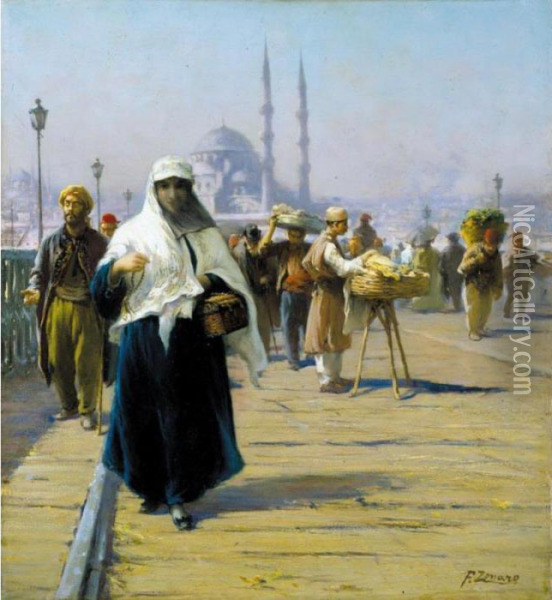 View Across The Galata Bridge, Constantinople Oil Painting - Fausto Zonaro