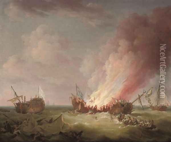 H.M.S. Quebec ablaze at the end of her epic struggle with the French frigate Surveillante, 6th October 1779 Oil Painting - Richard Paton