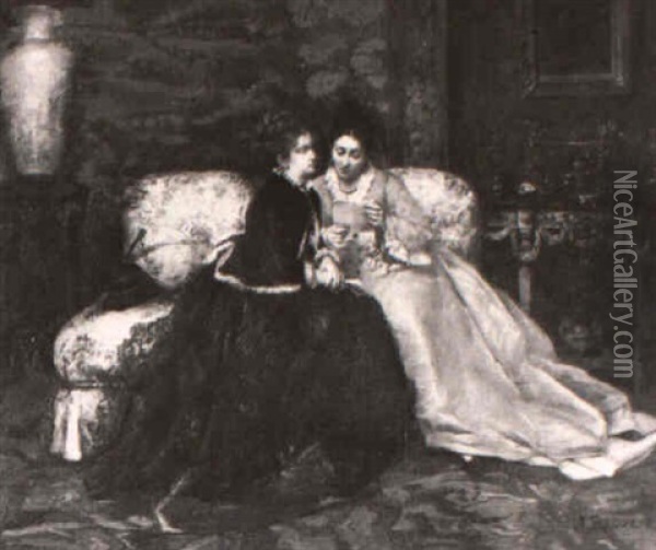 Two Women Reading A Letter Oil Painting - Jules Felix Ragot