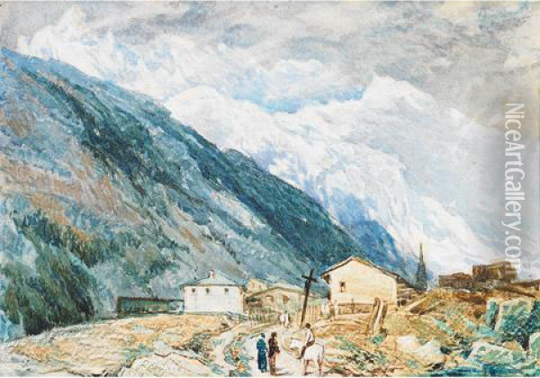 Village In The Mountains; Rushing Rapids Oil Painting - Daniel Fowler