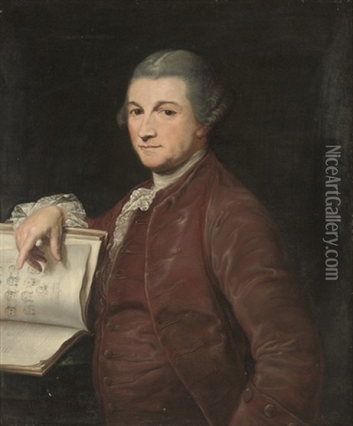 Portrait Of The Actor David Garrick (1717-1779), Half-length, In A Brown Velvet Coat And Waistcoat, With An Illustrated Edition Of Terence's Comedies Showing The Masks For The Andria Fro Oil Painting - Pompeo Girolamo Batoni