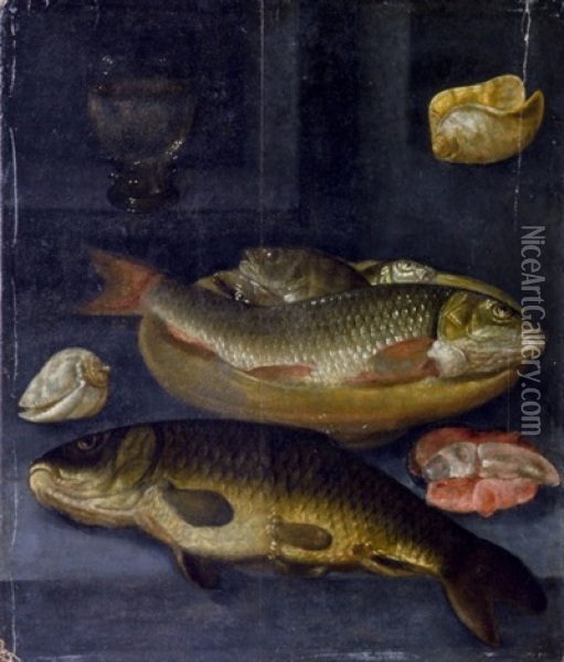 Poissons, Coquillages Et Un Verre Oil Painting - Pieter Van Boucle