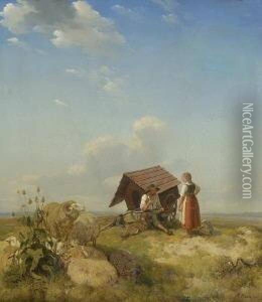 Schafer Bei Der Rast Auf Der
 Weide. Oil Painting - Robert Eberle
