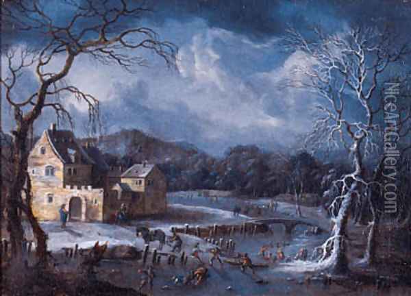 Winter landscapes with skaters and travellers on horsedrawn sledges by fortified mansions Oil Painting - Johann Christian Vollerdt or Vollaert