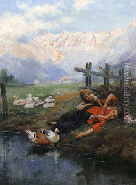Children and Geese by a Pond Oil Painting - Daniel Hernandez
