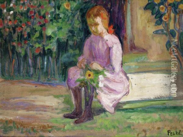 Girl With Flowers Oil Painting - Jean Misceslas Peske
