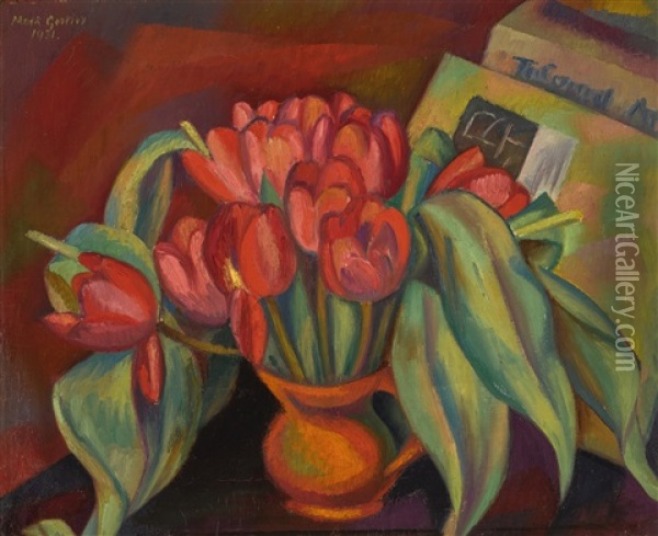 Still Life With Red Tulips Oil Painting - Mark Gertler