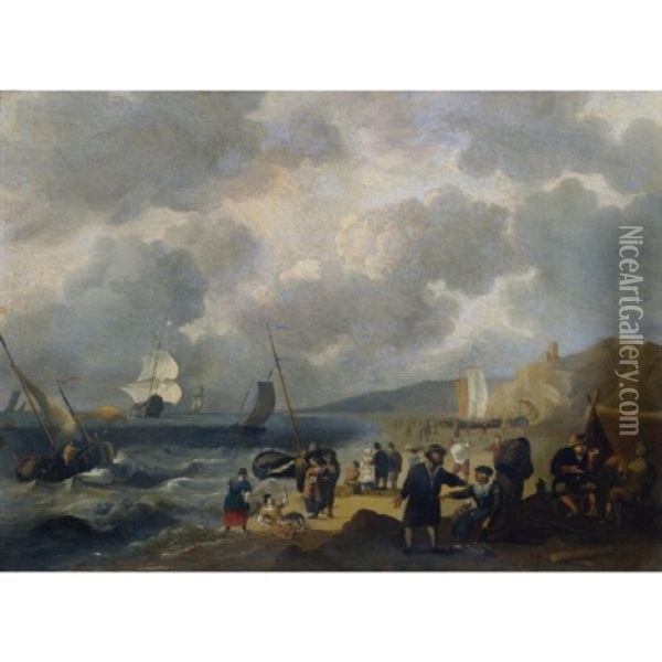 Figures On The Beach With Shipping In A Choppy Sea Oil Painting - Wigerus Vitringa