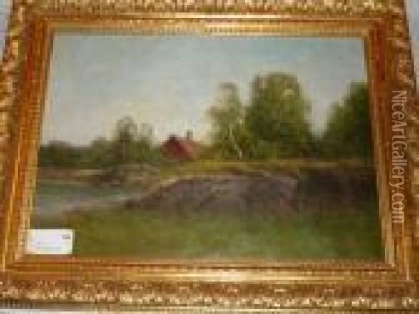 Nilsson, Olja, Hus I Landskap, Krakelyr, 40x54 Oil Painting - Severin Nilson