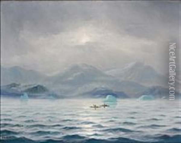 Two Kayakers In The Disco Bay Oil Painting - Emanuel A. Petersen
