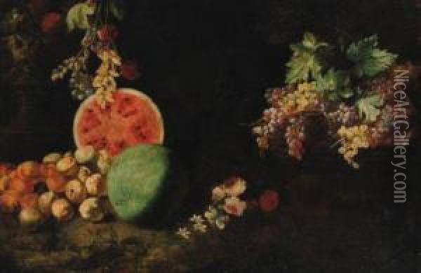 Melons, Peaches, Apples And Grapes With Flowers And Barrel Withgrapes In A Landscape Oil Painting - Giovanni Battista Ruoppolo