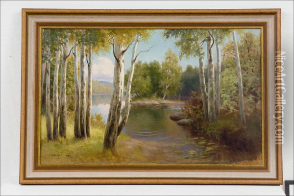 Koivuja Veden Partaalla - Bjorkar Vid Vatten. Oil Painting - Johan Kortman