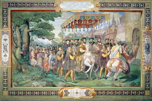 Francis I (1494-1547) and Alessandro Farnese (1546-92) Entering Paris in 1540, from the Sala dei Fasti Farnese (Hall of the Splendors of the Farnese) 1557-66 Oil Painting - Taddeo Zuccaro