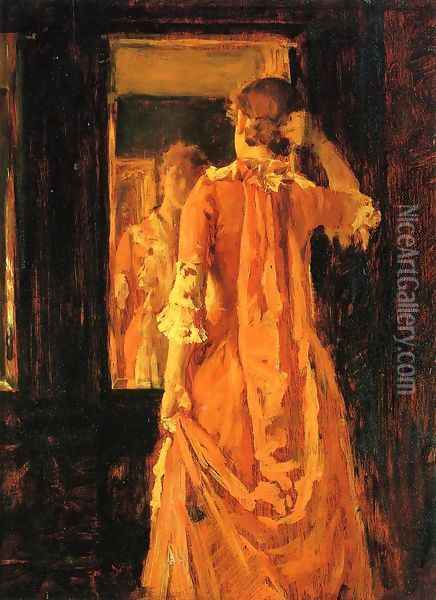 Young Woman Before a Mirror Oil Painting - William Merritt Chase