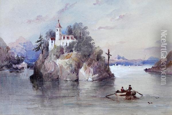 Continental Lake Scene, With Figures In Arowing Boat Approaching An Island Oil Painting - James Duffield Harding