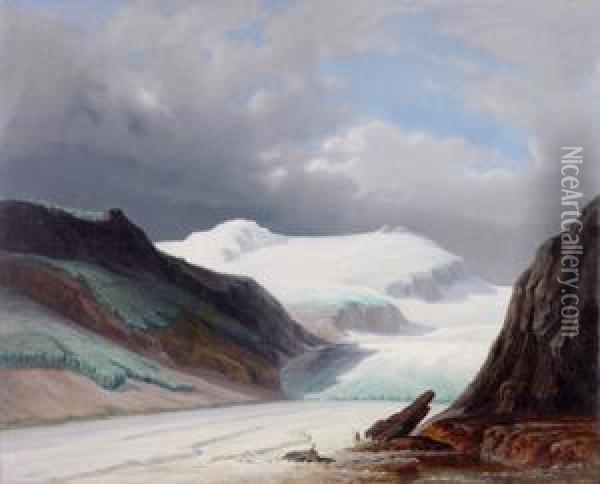 Hochgebirge Mit Gletscher, Im Vordergrund Wanderer Bei Der Rast Oil Painting - Heinrich Peyer