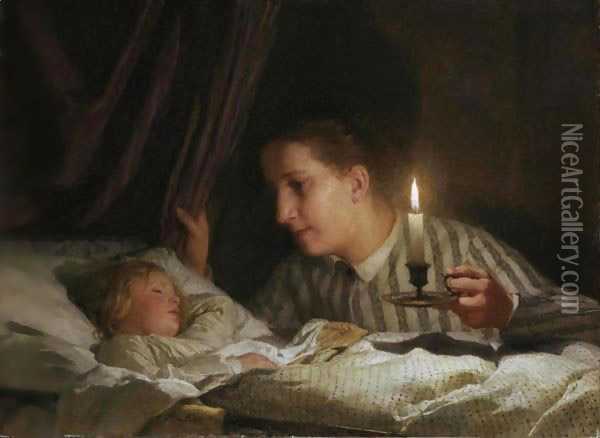 Young Mother Watching Her Sleeping Child By The Candlelight Oil Painting - Albert Anker