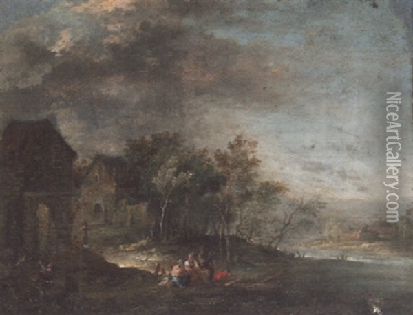 Peasants Conversing On A River Bank Outside A Village Oil Painting - Johannes Jakob Hartmann