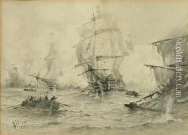Three Masted Frigates At War Oil Painting - Albert Ernest Markes