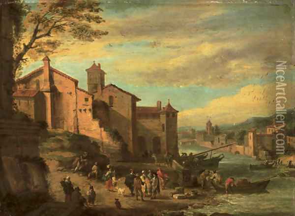 The Port of the Ripa Grande, Rome with merchants conversing Oil Painting - Pieter Bout