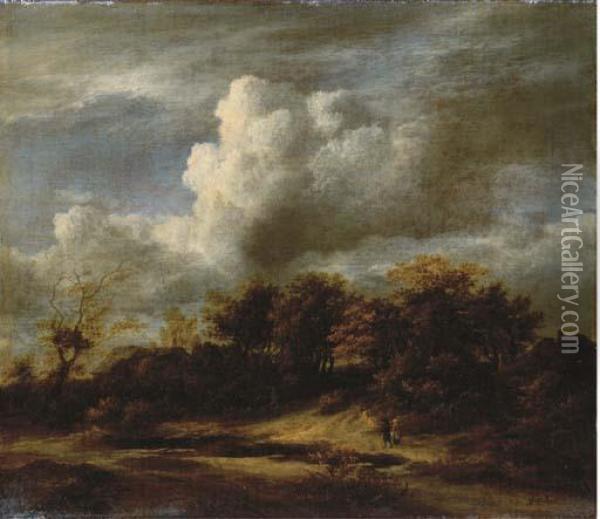 A Wooded Landscape With Travellers Walking Among The Dunes Oil Painting - Jacob Van Ruisdael