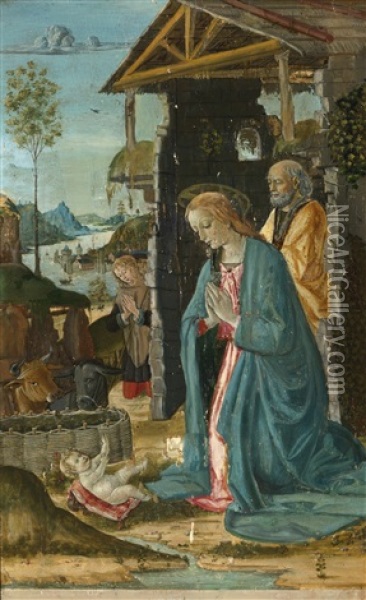 The Nativity, An Extensive Landscape Beyond Oil Painting - Jacopo Del Sellaio