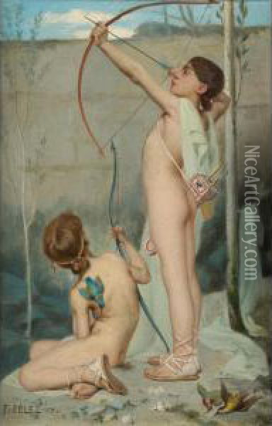 Les Petites Archers [, The Little Archers, Oil On Canvas Signed And Dated] Oil Painting - Fernand Pelez
