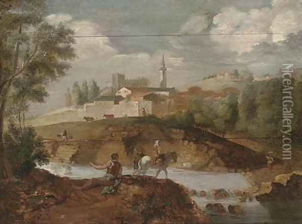 A wooded river landscape with an angler on a river bank, and travellers crossing the river, a town beyond Oil Painting - Francesco Zuccarelli