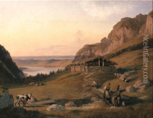 Huntsman And His Wife Resting Before A Chalet, Salzkammergut, Austria Oil Painting - Jakob Roedler
