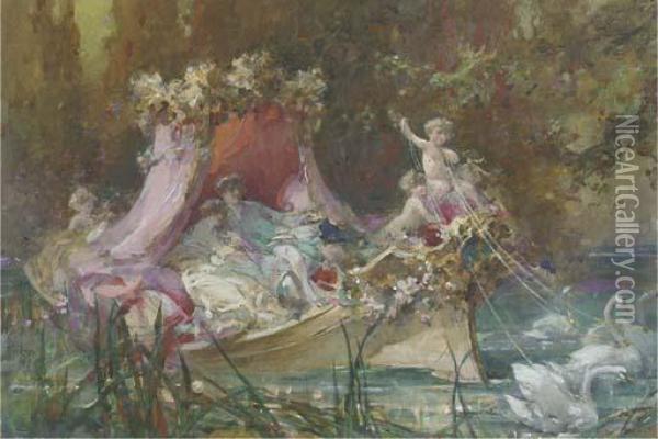 A Lovers' Barge Drawn By Swans Oil Painting - Maynard Brown