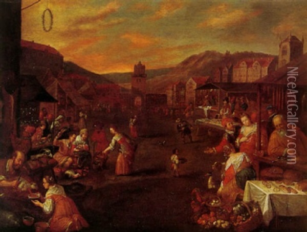 An Open Market Scene With Numerous Figures At Stalls In The Foreground And A Town Beyond Oil Painting - Leandro da Ponte Bassano