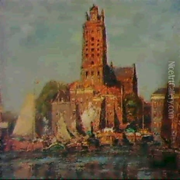 An Der Groten Kerk In Dordrecht Oil Painting - Heinrich Hermanns
