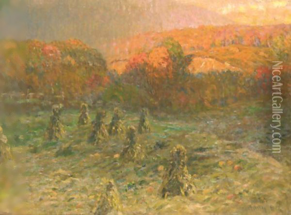 Autumn Landscape With Haystacks In A Pumpkin Field Oil Painting - John Joseph Enneking