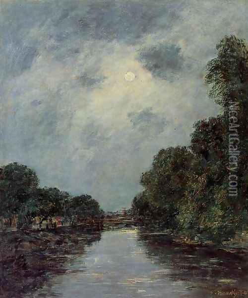 The Somme near D'Abbeville - Moonlight Oil Painting - Eugene Boudin