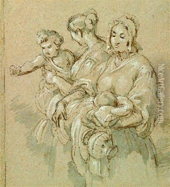 Zwei Mutter Mit Ihren Kindern (+ Sketch, Verso) Oil Painting - August Richter