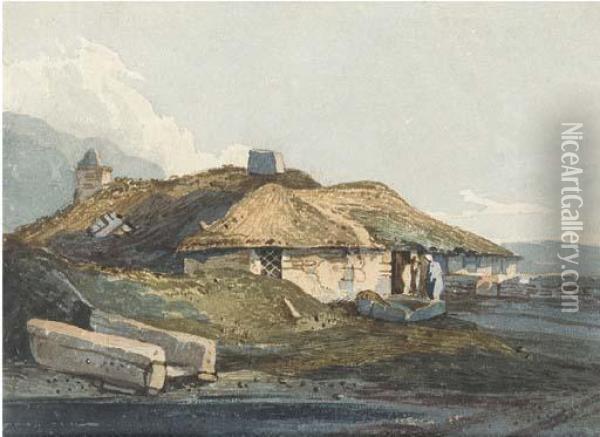 Figures Before A Thatched Cottage, Devon Oil Painting - Samuel Prout