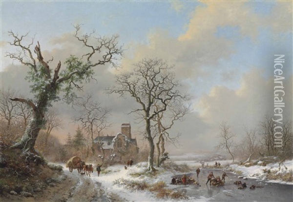 Winter Landscape With Skaters And A Covered Wagon Near A Church Oil Painting - Frederik Marinus Kruseman