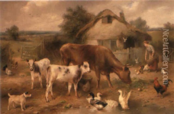 Cattle, Ducks And Chickens In A Farmyard Oil Painting - Walter Hunt