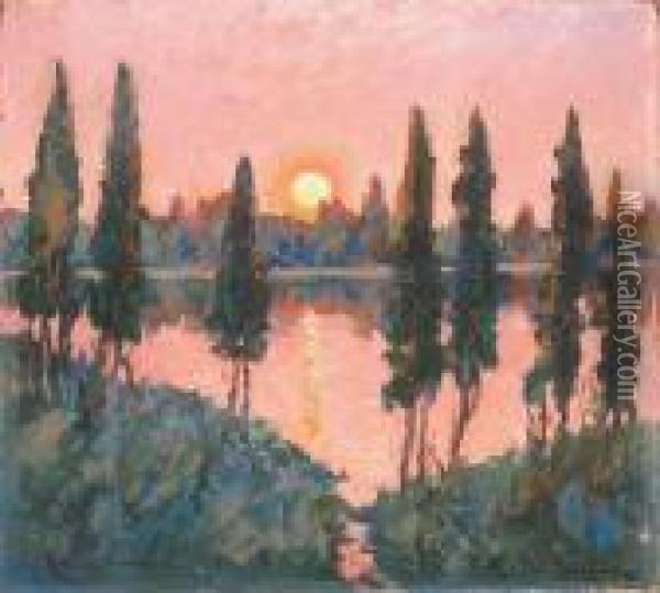Lago Maggiore O Zachodzie Oil Painting - Bronislawa Rychter-Janowska