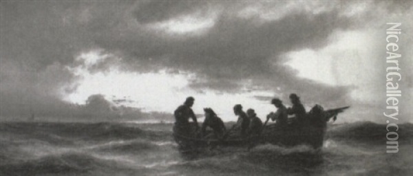 Fishermen In A Rowing Boat At Sunset Oil Painting - Daniel Hermann Anton Melbye