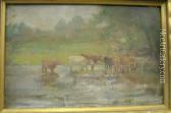 Cattle Watering. Oil Painting - Algernon Talmage