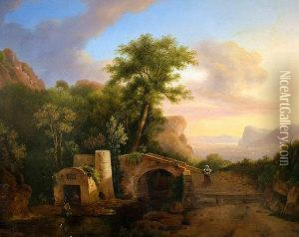 Figures By A Bridge With A Ruin Oil Painting - Franz Xaver Von Hofstetten