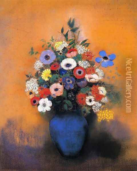 Minosas Anemonies And Leaves In A Blue Vase Oil Painting - Odilon Redon